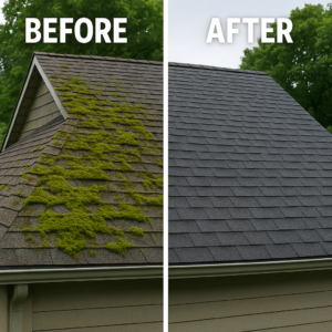 Before And After Image Showing How To Clean Moss Off Roof, With Heavy Moss On The Left Side And A Clean, Restored Roof On The Right.