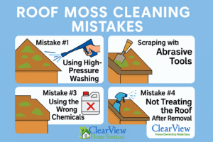 Remove Moss On Roof Mistakes Infographic Showing The Top 4 Roof Moss Cleaning Errors Homeowners Make, Including Pressure Washing, Scraping, Wrong Chemicals, And Not Treating The Roof After Removal — Clearview Home Services Bc
